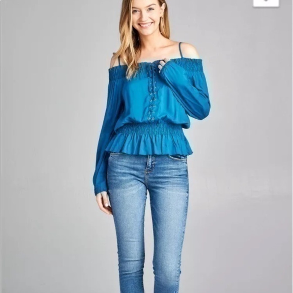 Boho Off Shoulder Lace Up Smocked Top
